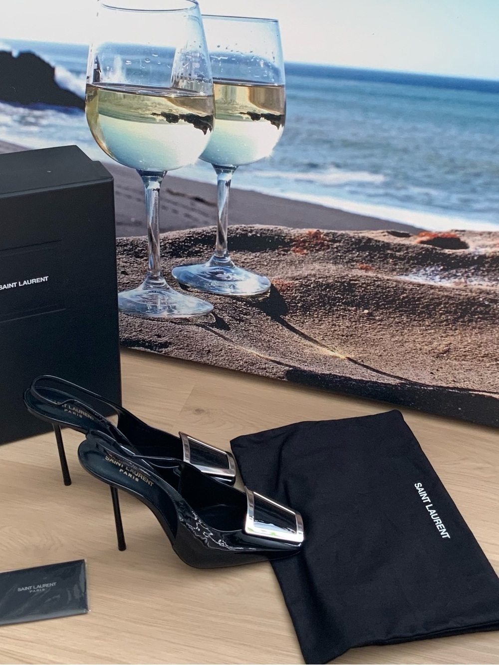 Saint Laurent Black Patent Slingback Heels with Silver Accent